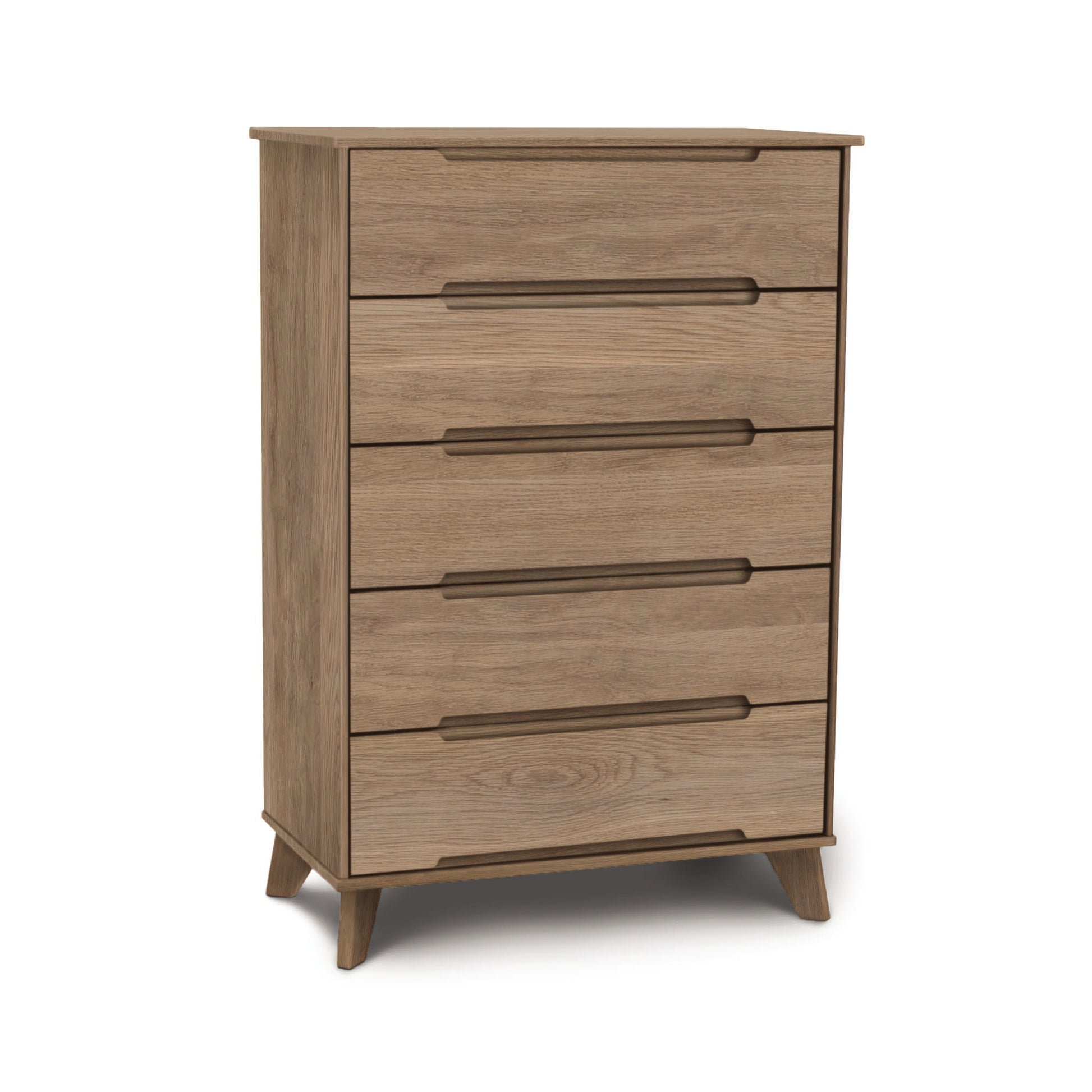 Copeland Furniture Linn 5-Drawer Wide Chest with mid-century modern design in upcycled light brown hardwood and angled legs.