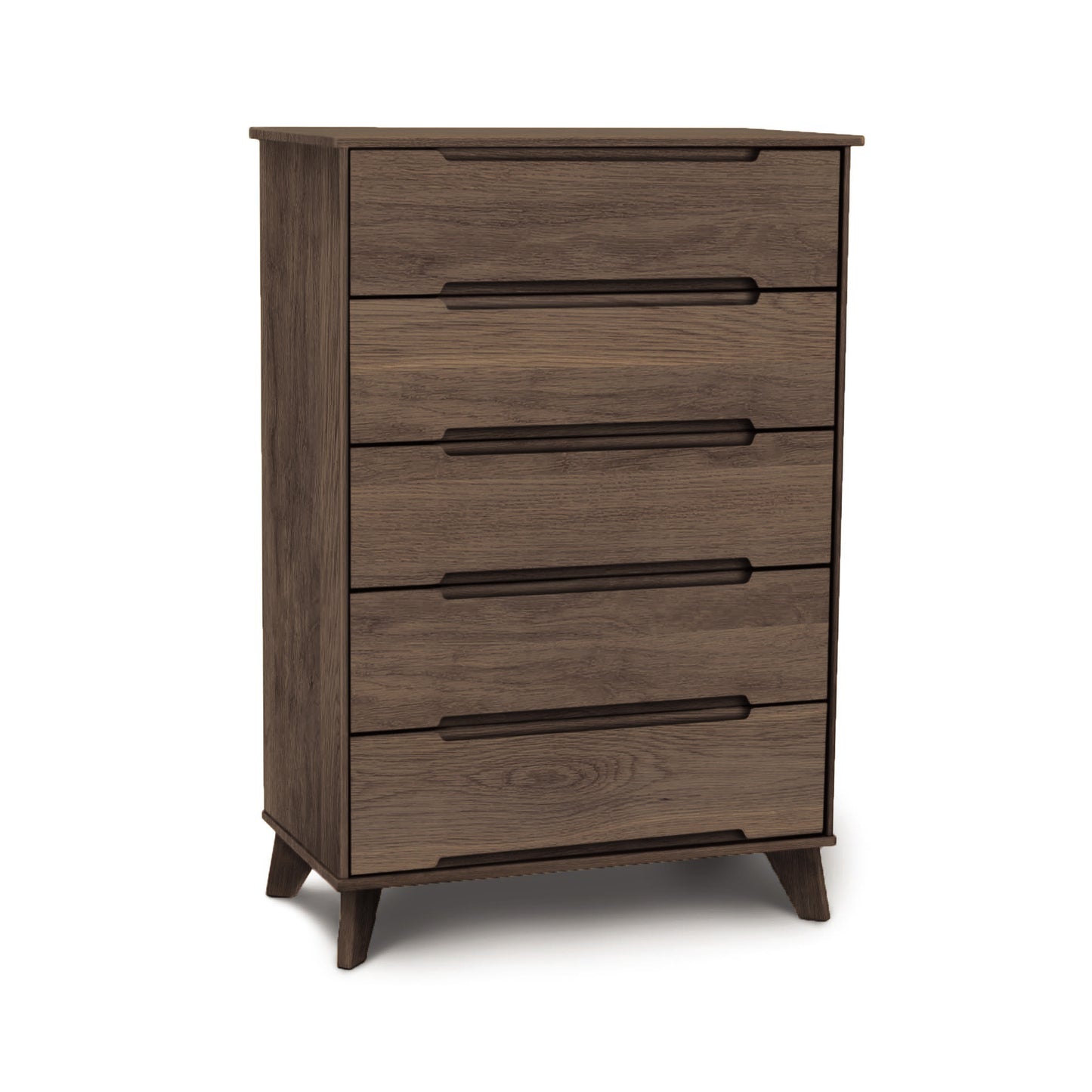 Mid-century modern Linn 5-Drawer Wide Chest by Copeland Furniture with dark brown finish, featuring five handles and four legs.