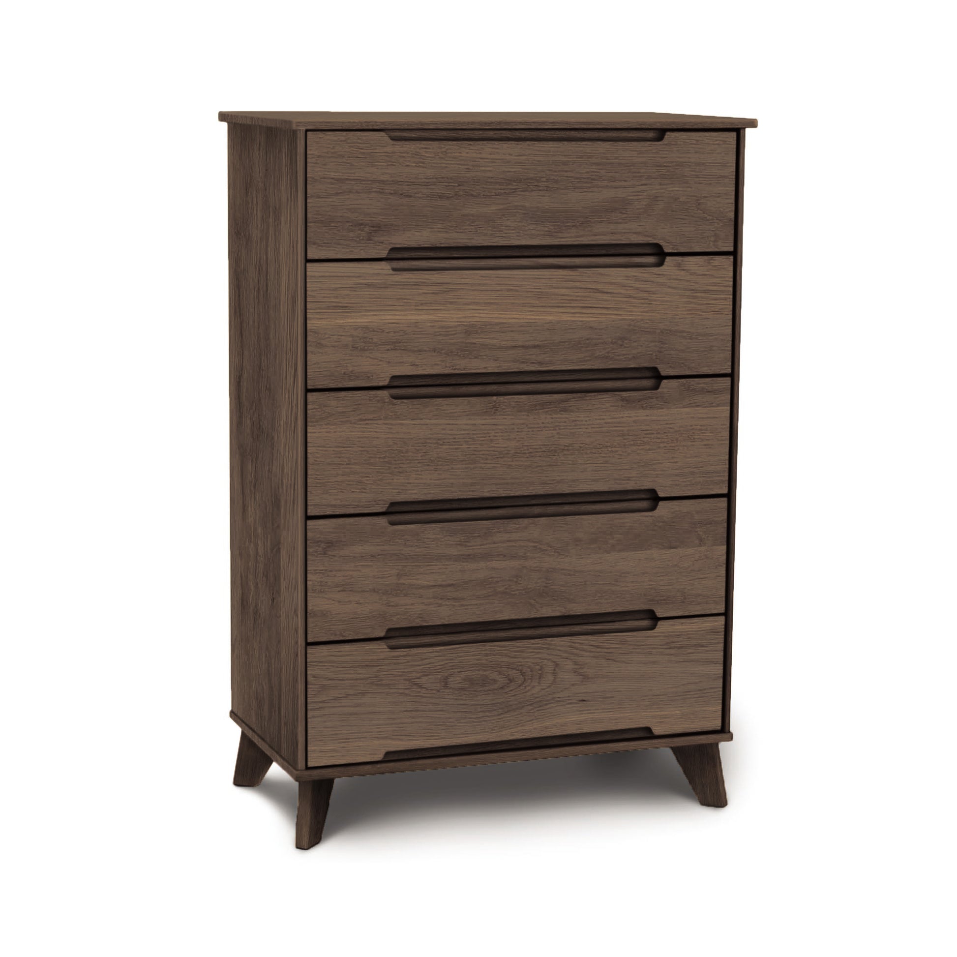 Mid-century modern Linn 5-Drawer Wide Chest by Copeland Furniture with dark brown finish, featuring five handles and four legs.
