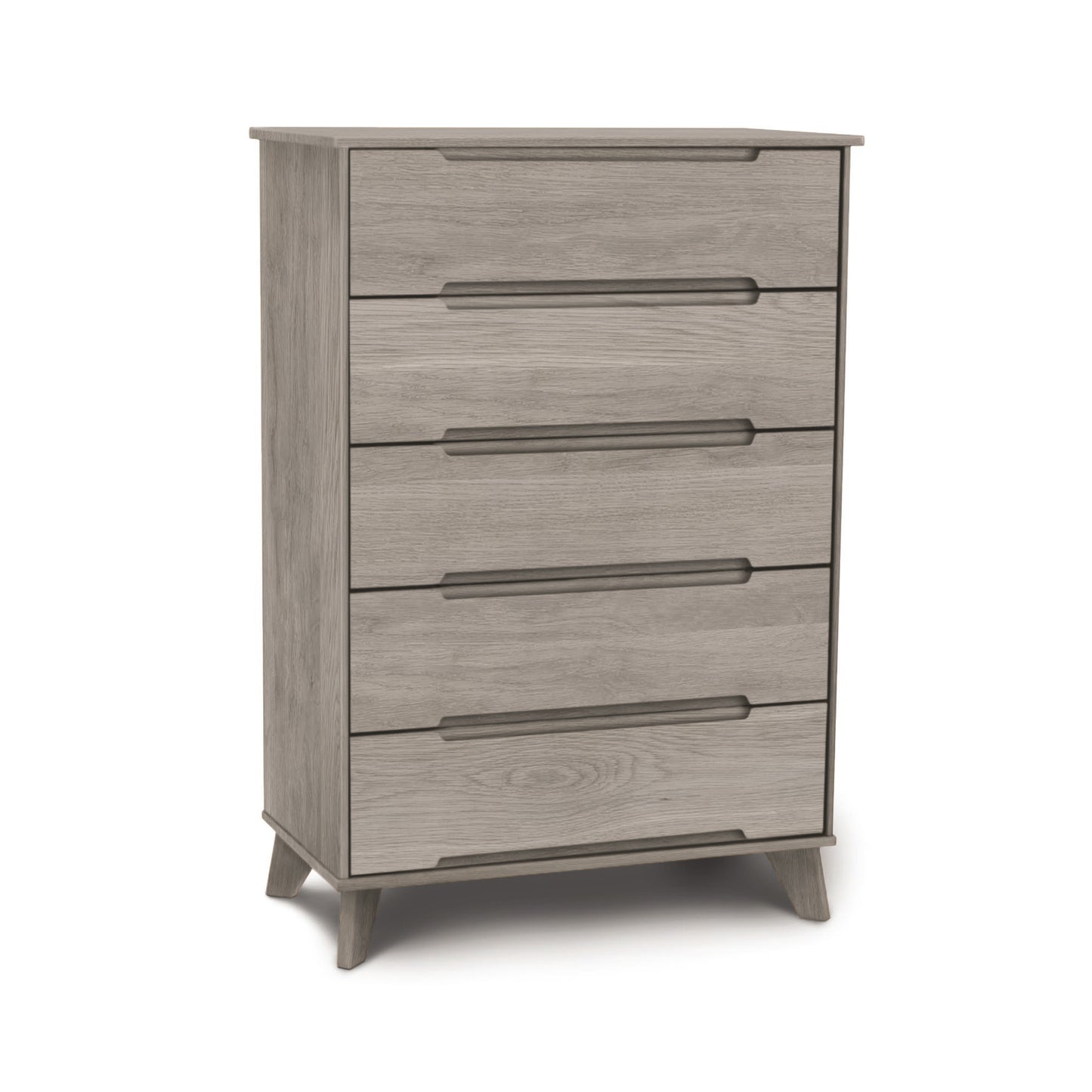 Copeland Furniture Linn 5-Drawer Wide Chest with gray wood and tapered legs, highlighting its mid-century modern design.