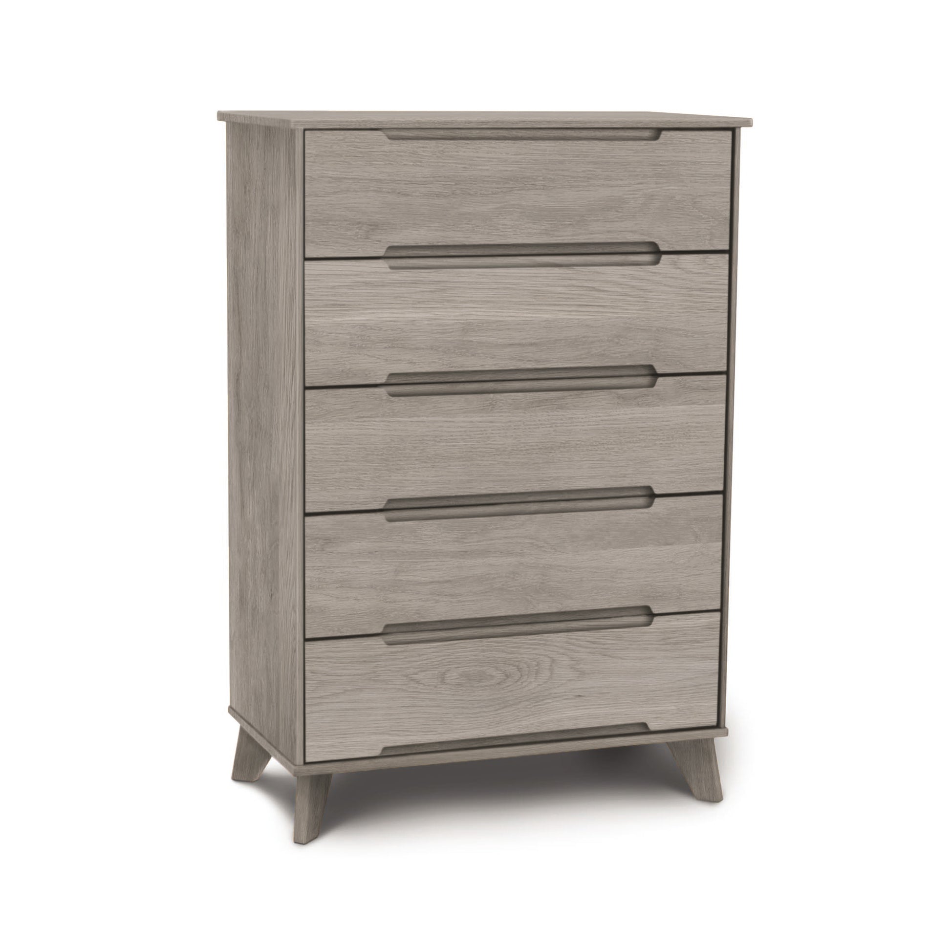 Copeland Furniture Linn 5-Drawer Wide Chest with gray wood and tapered legs, highlighting its mid-century modern design.