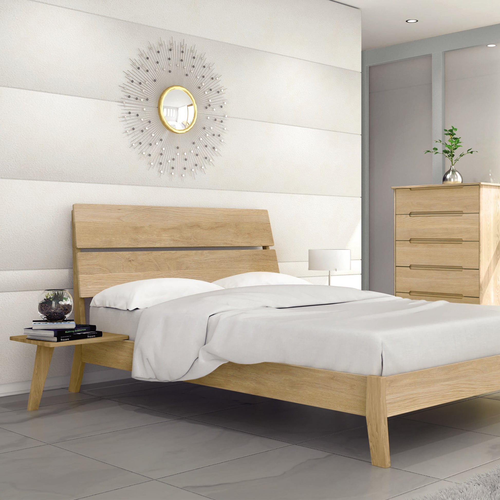 Copeland Furniture's Linn Platform Bed with white bedding, showcasing beautiful upcycled hardwood craftsmanship.