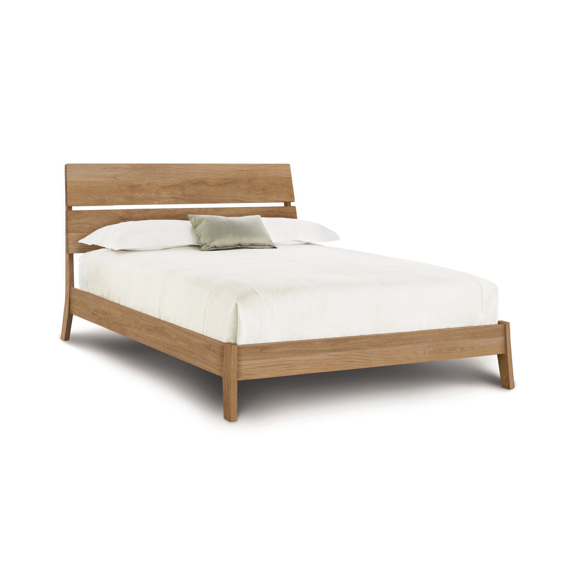 Minimalist Copeland Furniture Linn Platform Bed with ergonomic headboard and white mattress, viewed from front-right corner.