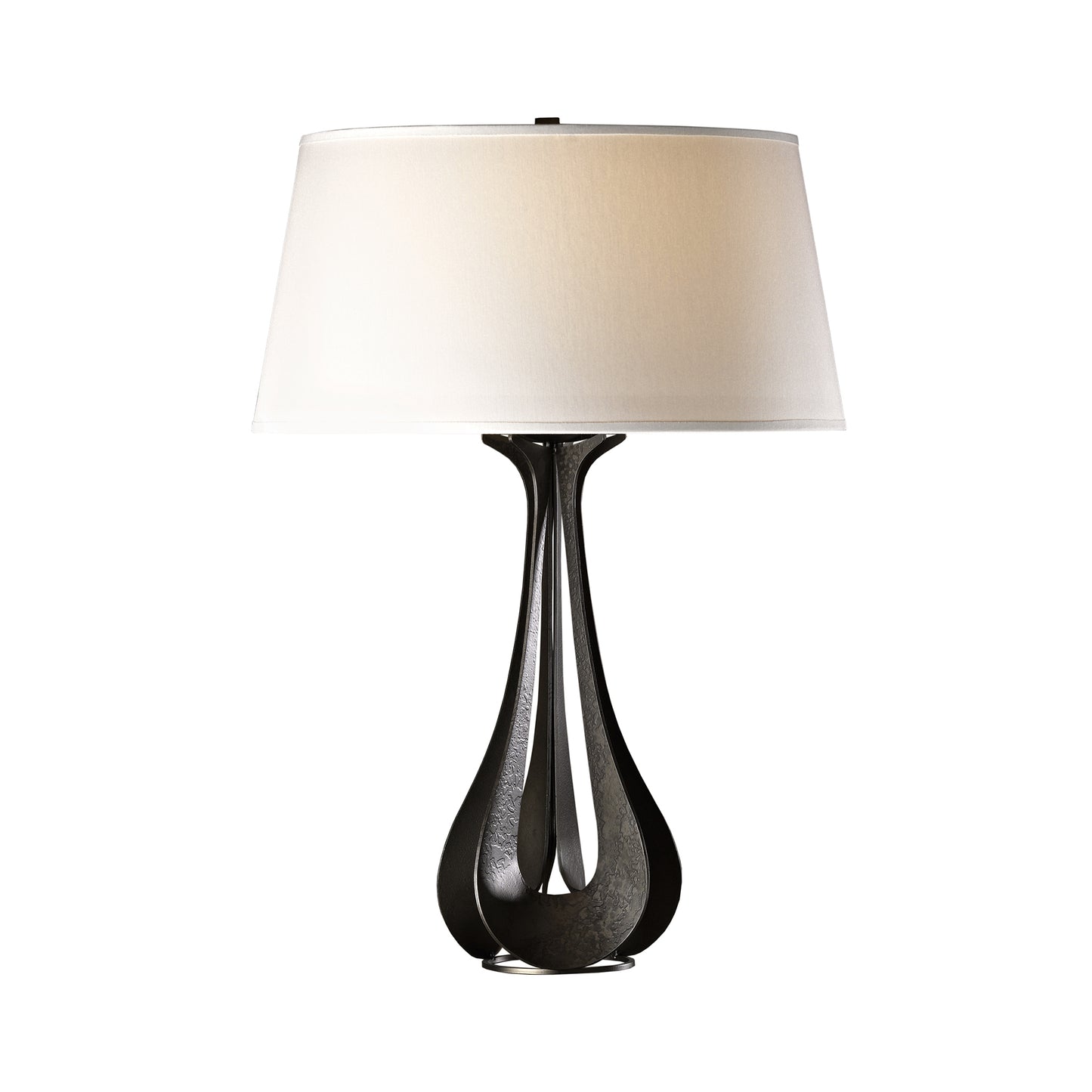 Lino #2 Table Lamp by Hubbardton Forge with hand-forged curved dark metal base and white tapered cylindrical shade, emphasizing exquisite craftsmanship.