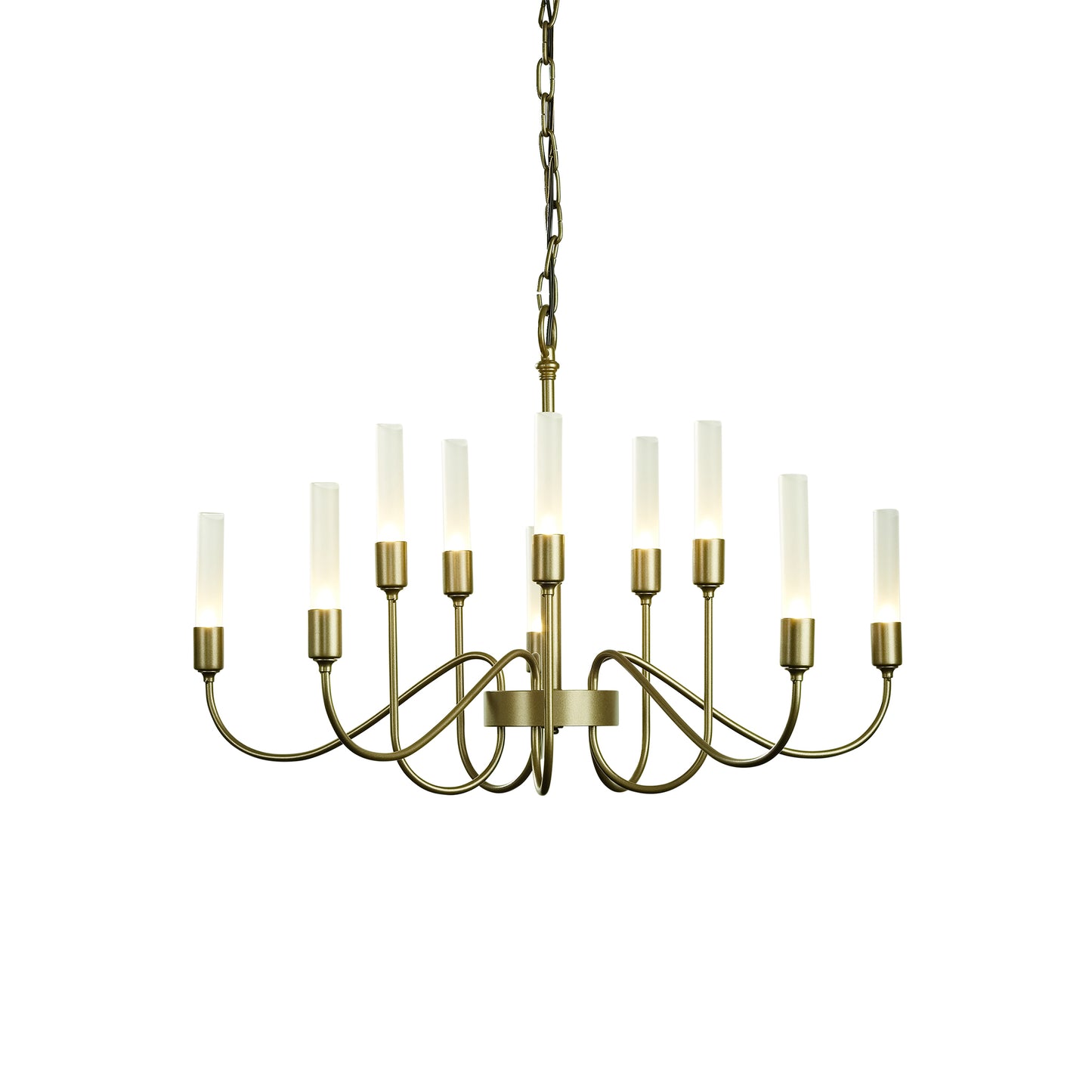 Hubbardton Forge Lisse Chandelier with 10 elegant white candlestick-style lights and modern chain design.