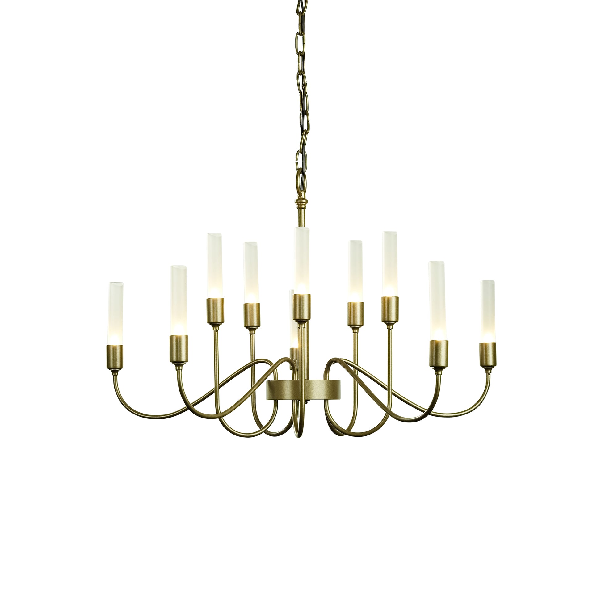 Hubbardton Forge Lisse Chandelier with 10 elegant white candlestick-style lights and modern chain design.