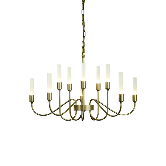 Hubbardton Forge Lisse Chandelier with 10 elegant white candlestick-style lights and modern chain design.
