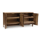 Modern home Lisse Buffet sideboard cabinet with open doors revealing interior shelves by Copeland Furniture.