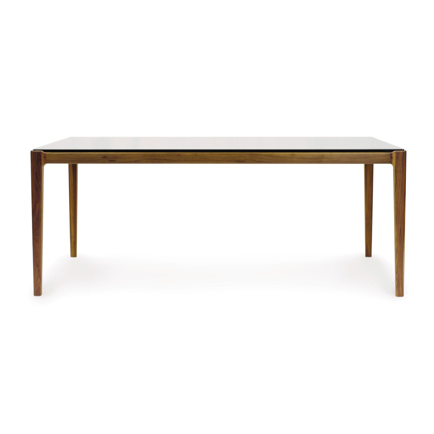 Lisse Glass Top Dining Table by Copeland Furniture highlighting its sleek smooth surface and four straight legs.