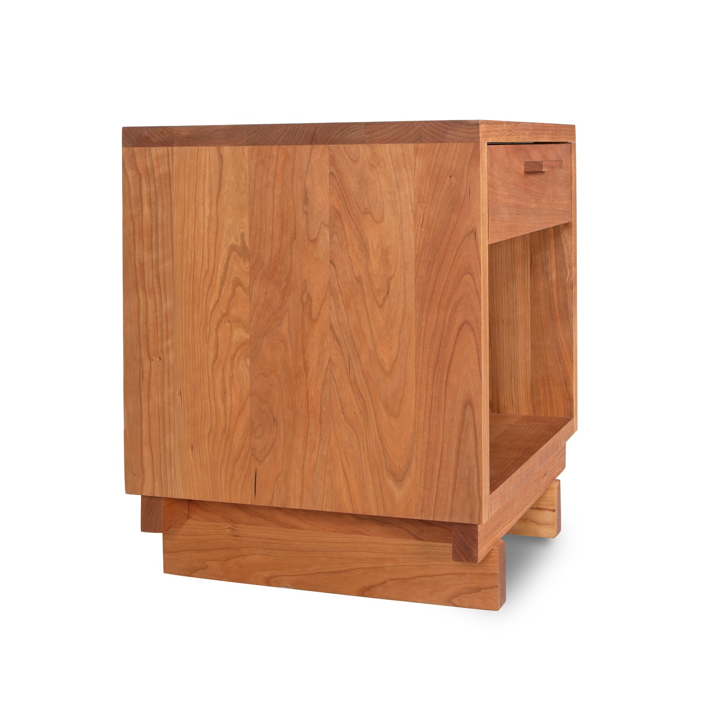 Custom Loft 1-Drawer Enclosed Shelf Nightstand by Vermont Furniture Designs with an open shelf and a closed drawer on a white background, featuring solid wood construction.