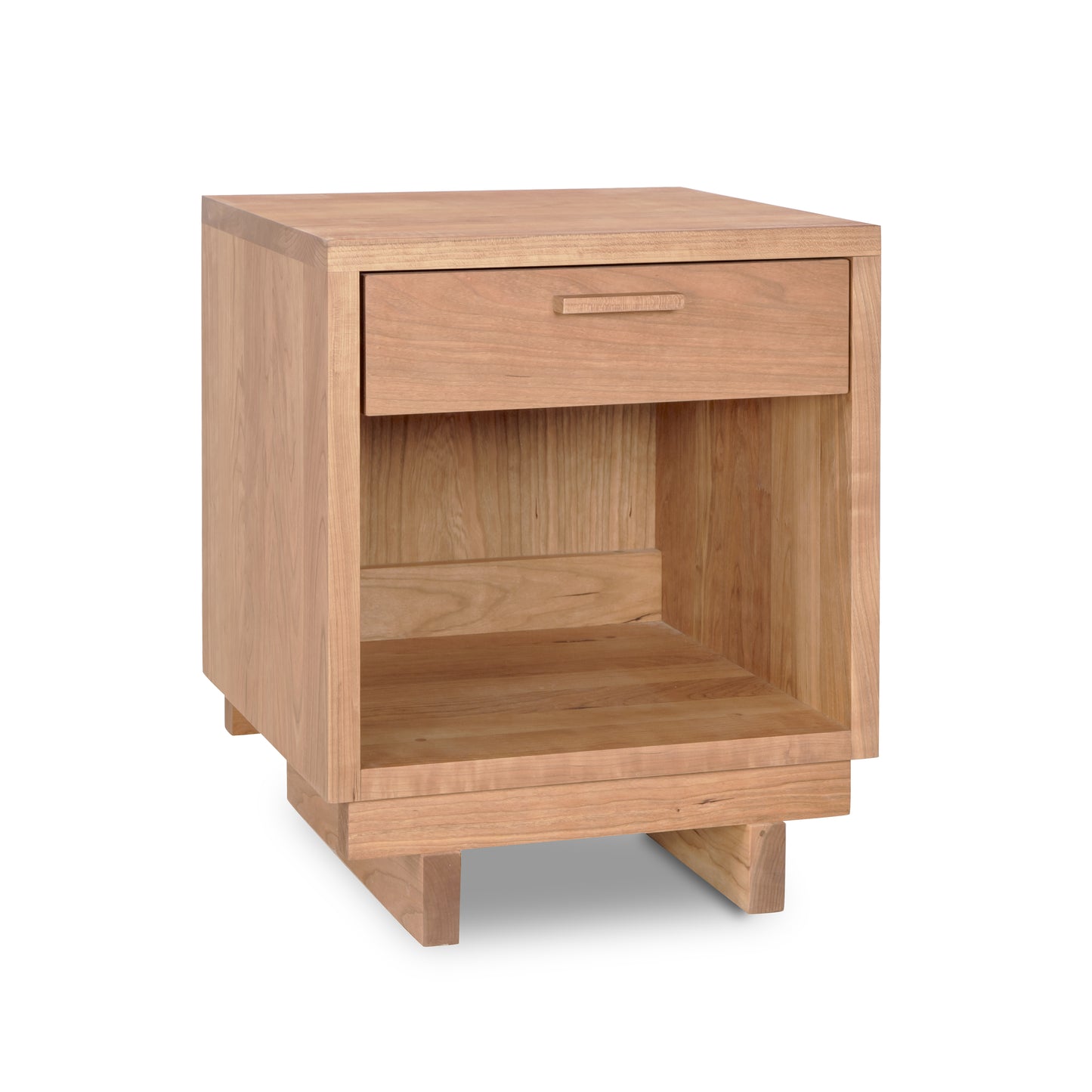 A Vermont Furniture Designs Loft 1-Drawer Enclosed Shelf Nightstand with an open shelf and a closed drawer, isolated on a white background.