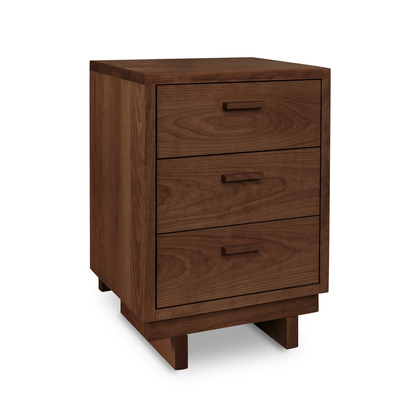 Vermont Furniture Designs Loft 3-Drawer Nightstand made of solid wood with rectangular handles, highlighting its modern craftsmanship.