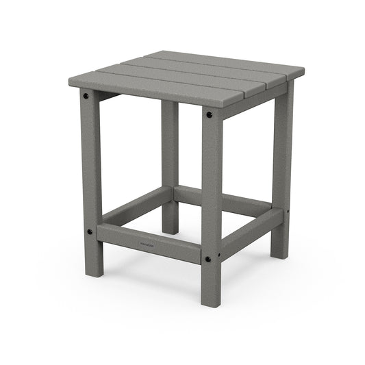 3D rendering of a durable, modern gray POLYWOOD Long Island 18" outdoor side table with a square top and a lower shelf, set against a neutral background.