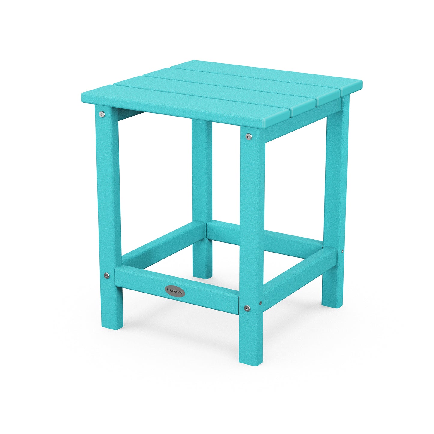 Turquoise POLYWOOD Long Island Side Table with slatted top and metal nameplate on the lower support beam.