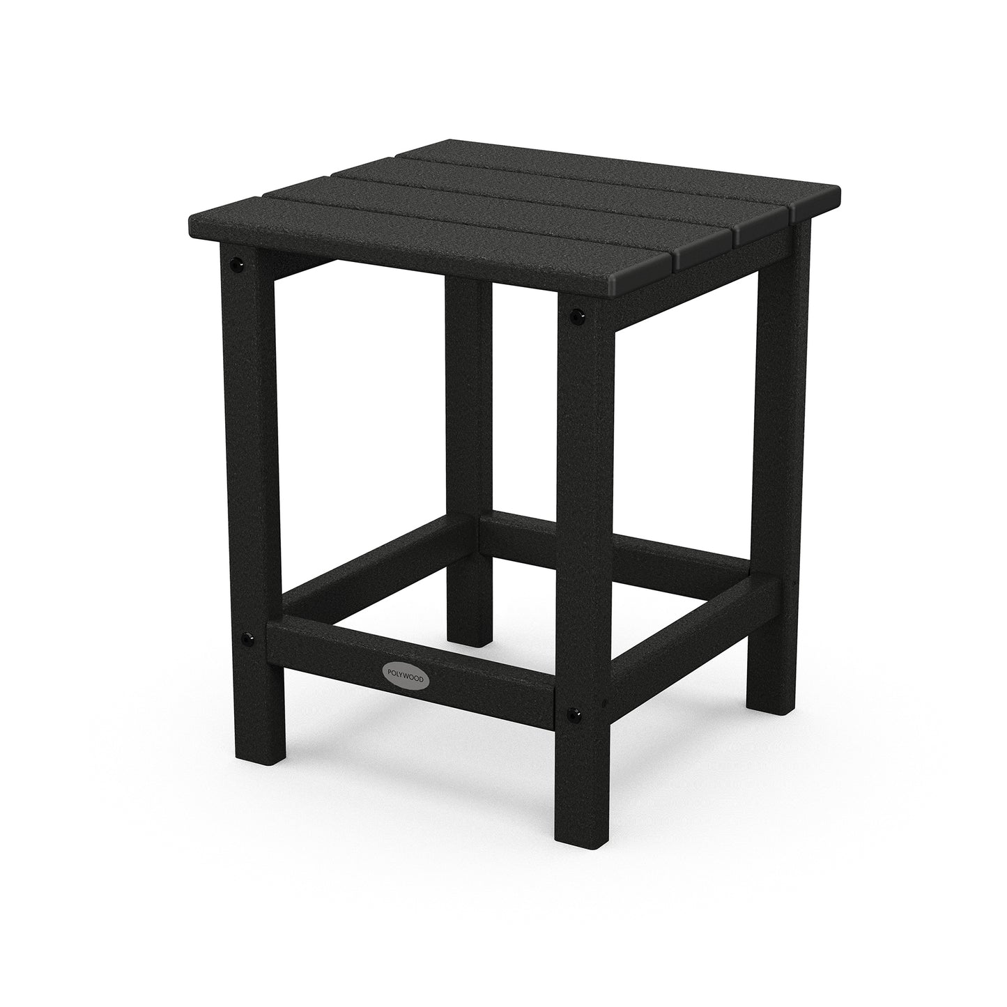 A black POLYWOOD® Long Island 18" side table with a slatted top and square legs, standing on a light grey, seamless background. The table features a lower shelf and simple, sturdy construction.