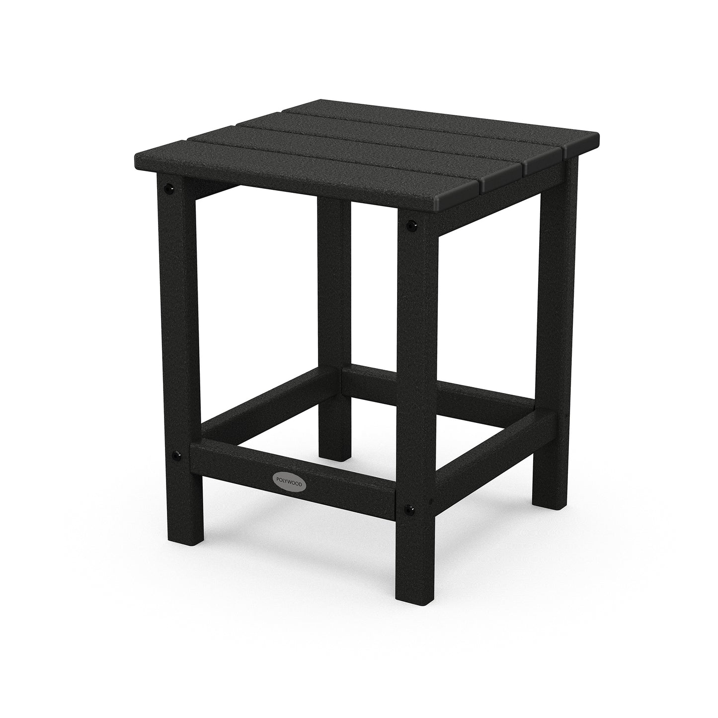 Black POLYWOOD Long Island Side Table, featuring a slatted top and four sturdy legs, designed for outdoor durability.