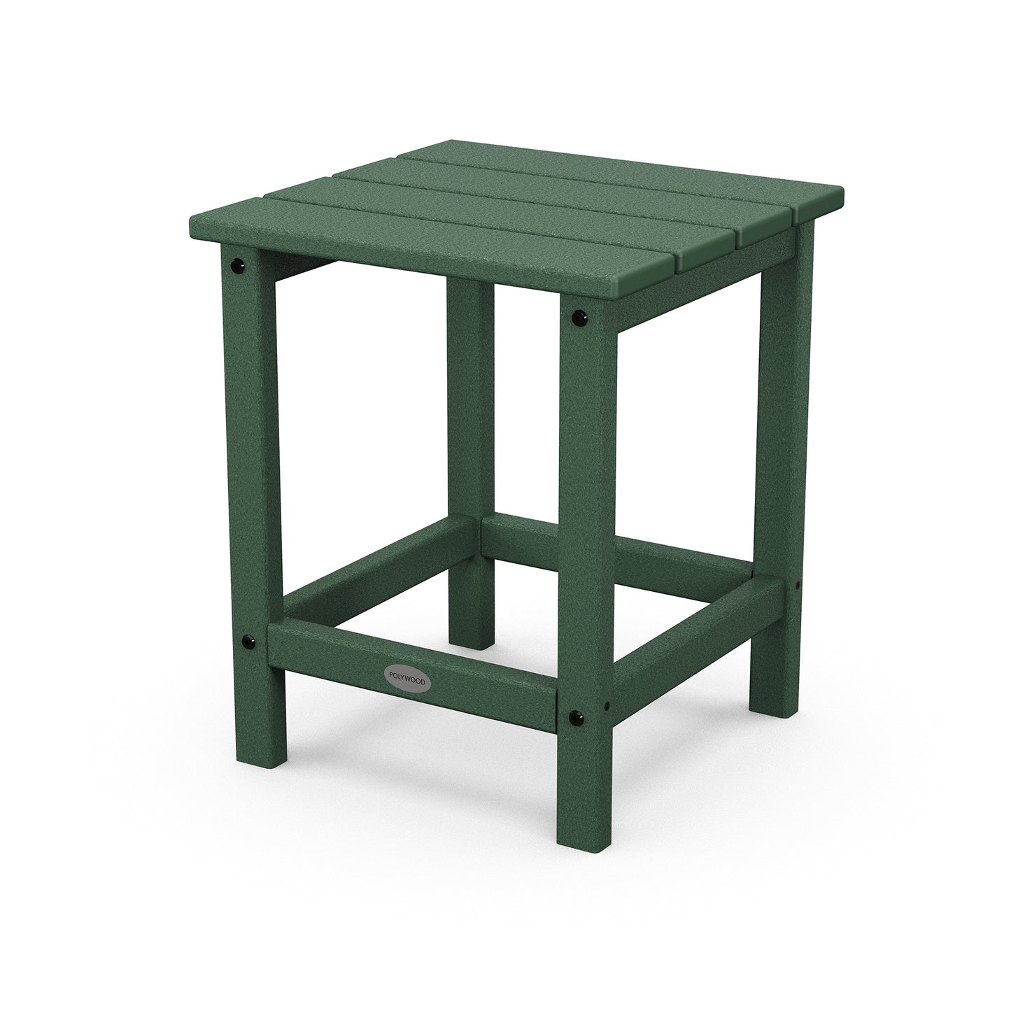 A 3D rendering of a simple green POLYWOOD Long Island 18" outdoor side table with a square top, supported by four sturdy legs connected by a lower shelf, set against a plain white background.