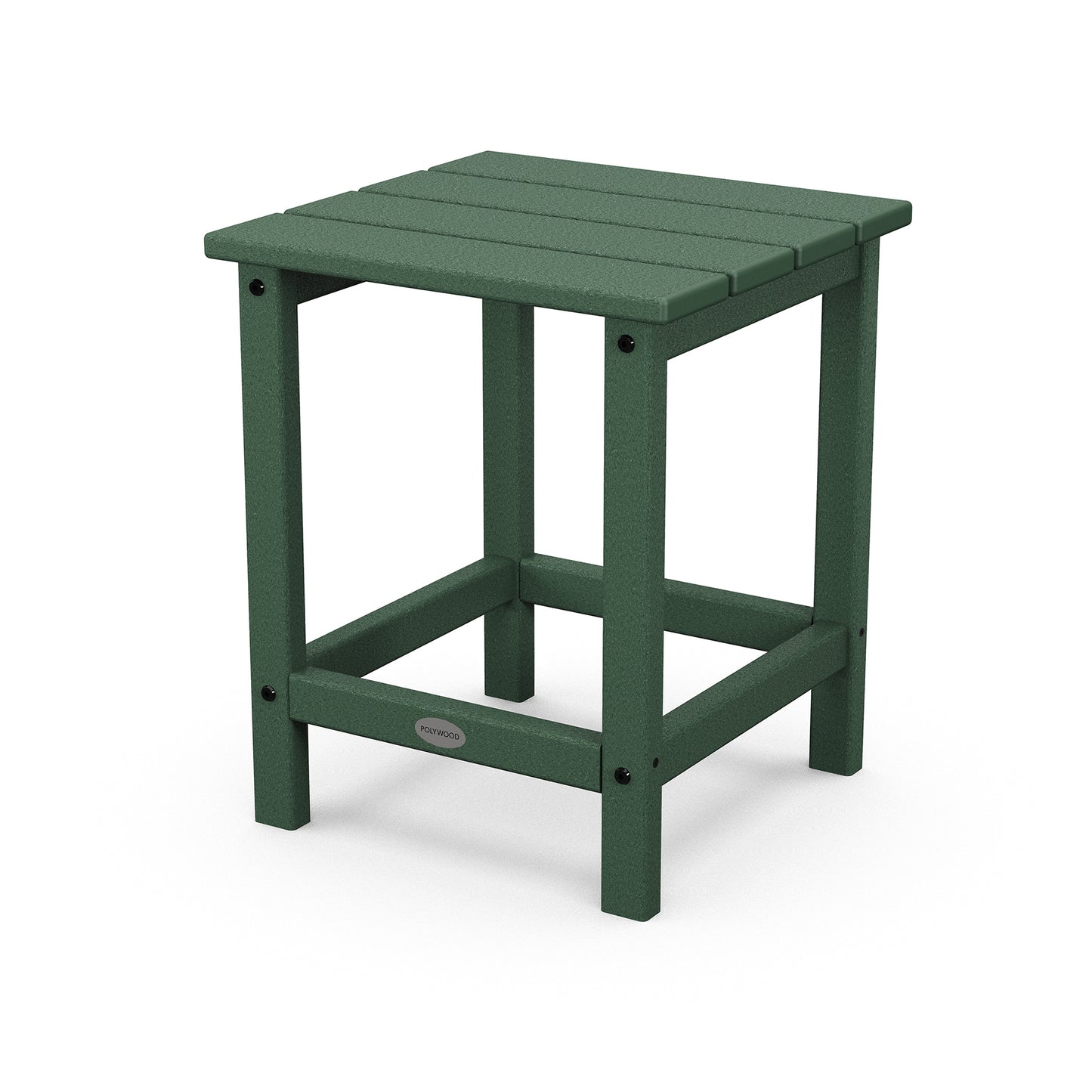 POLYWOOD Long Island 18-inch green side table with slatted top and metal plaque on the front.