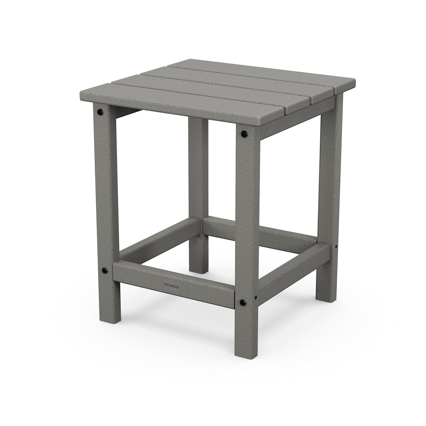 A simple gray POLYWOOD Long Island 18" outdoor side table with a sturdy square top and four legs, positioned on a solid white background. It features visible textures suggesting it's made of durable POLYWOOD®.