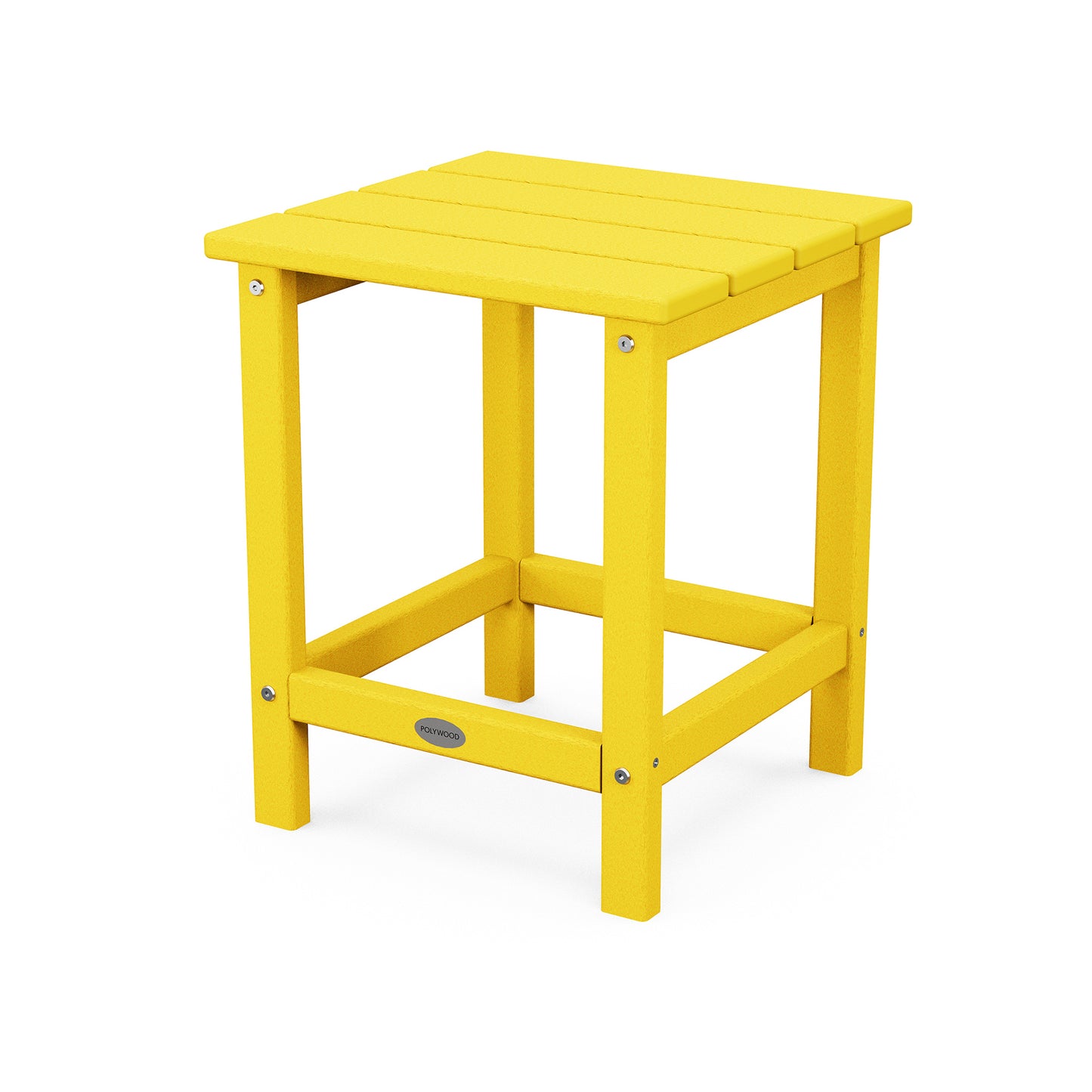 A bright yellow POLYWOOD® Long Island 18" side table with a rectangular top and a lower shelf, isolated on a white background.