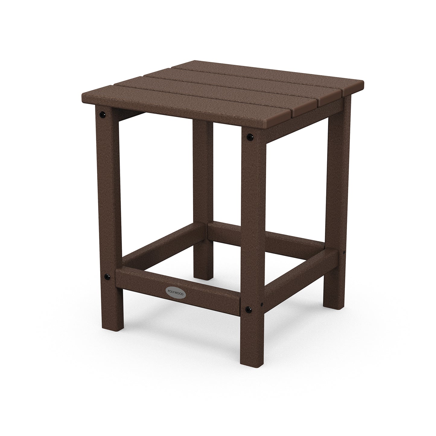 A small, dark brown POLYWOOD® Long Island 18" side table made of plastic with a square top and four legs, featuring a lower support shelf, against a plain white background.
