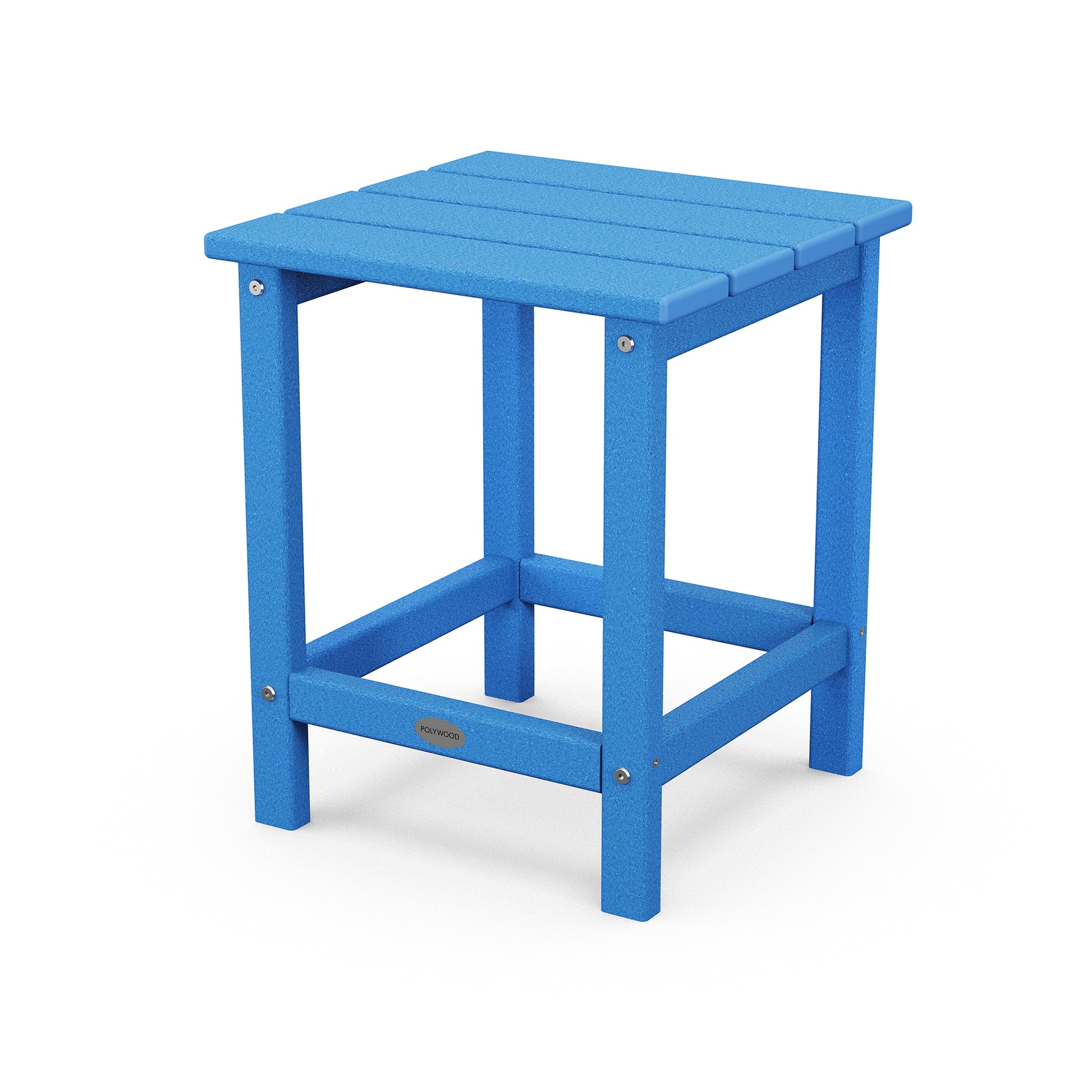 A blue POLYWOOD Long Island 18" side table with a simple, sturdy design, featuring a rectangular top and four legs connected by a lower shelf for additional support, isolated on a white background.