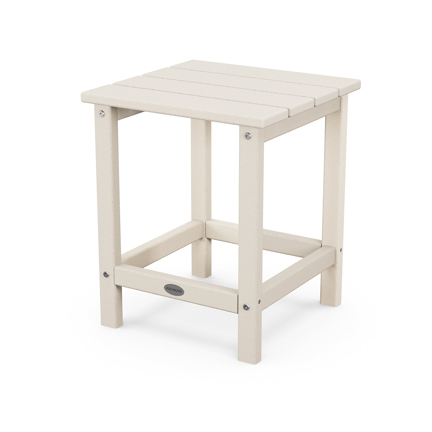 A small, square, beige POLYWOOD Long Island 18" side table with a flat top and a lower shelf, featuring simple, sturdy legs. The table is set against a plain white background.