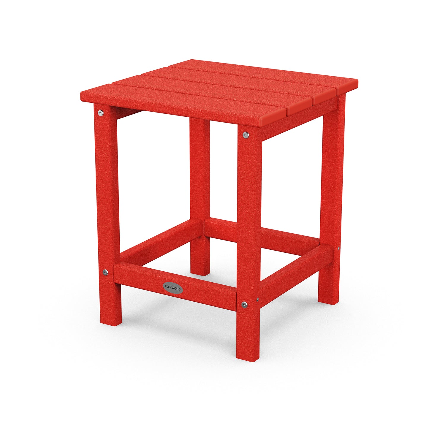 A bright red, square, POLYWOOD® Long Island 18" Side Table with four sturdy legs and a simple, flat top. The sides are reinforced by lower crossbars near the base, and there are silver bolts visible.