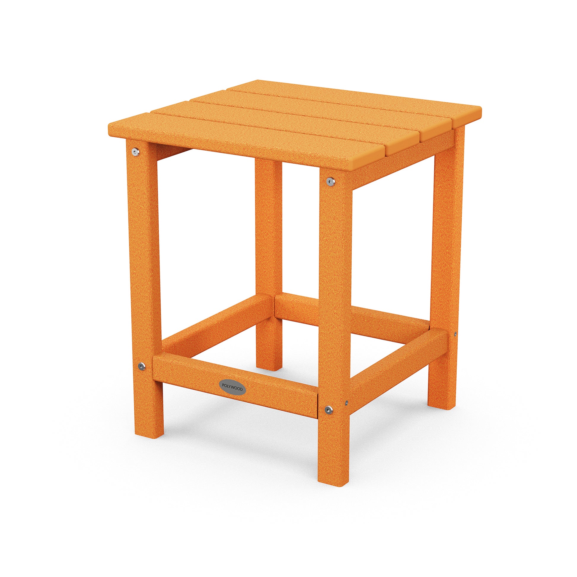 A simple, small, orange POLYWOOD Long Island 18" Side Table with a square top, four legs, and a lower connecting support beam. The table is displayed against a white background.
