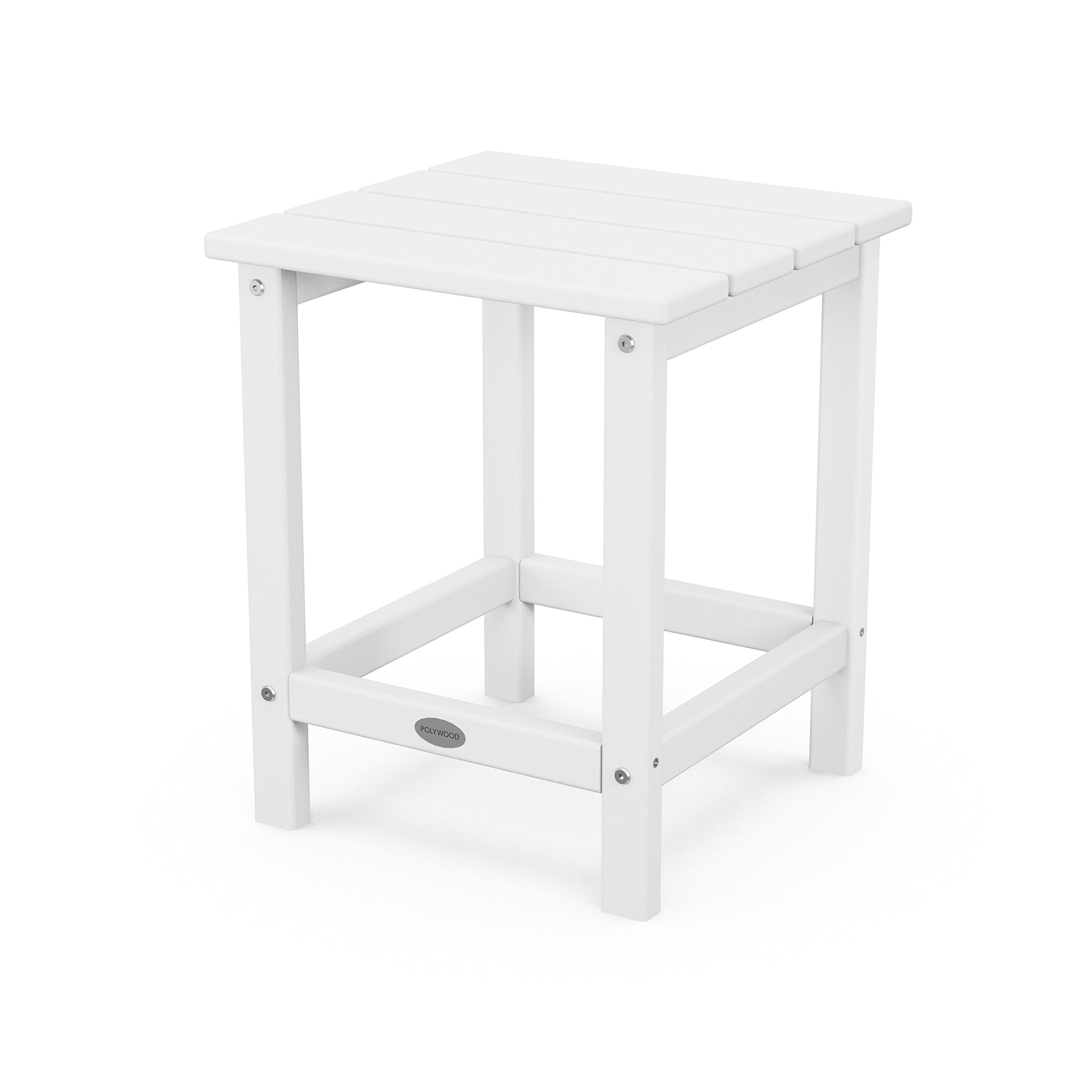 A simple, white POLYWOOD Long Island 18" side table with a square top and a lower shelf, isolated on a white background. The table features visible joints and a small, round logo on the lower frame.