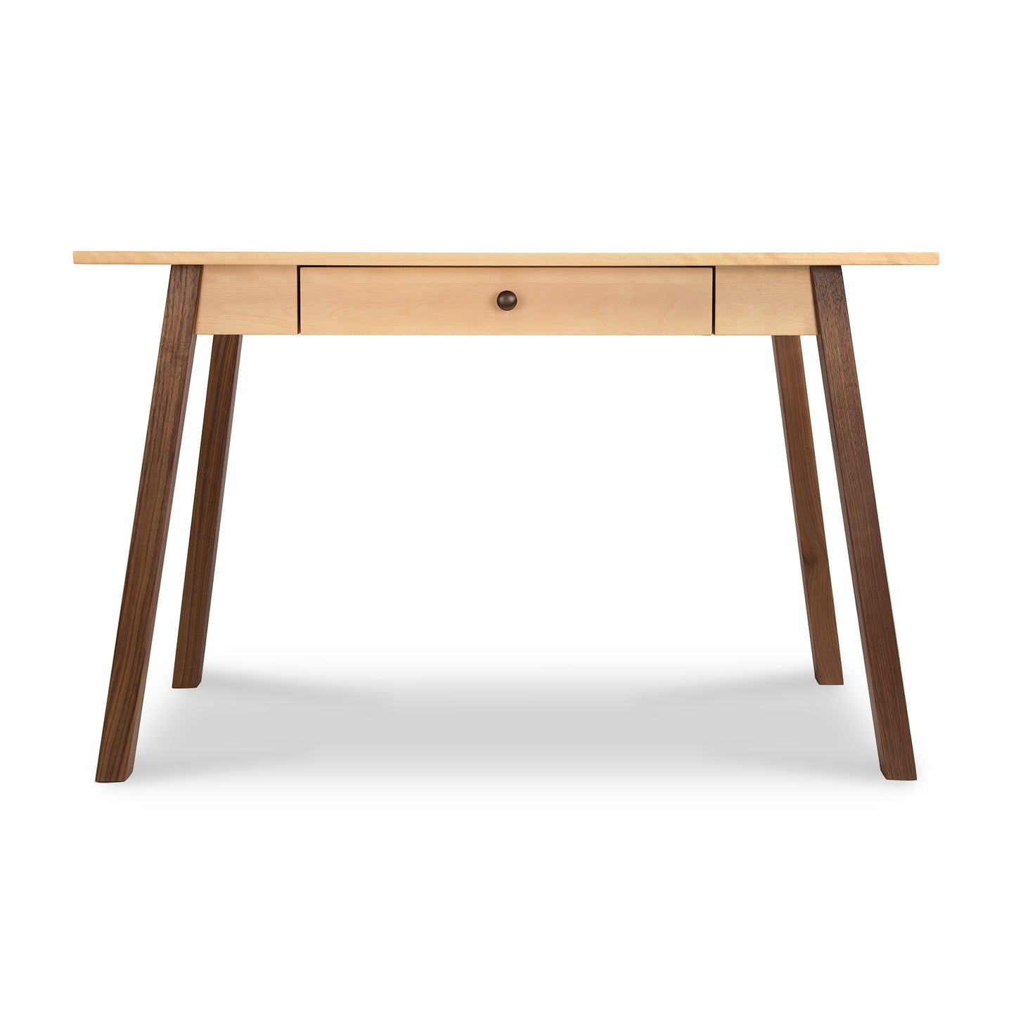 A wooden desk with a drawer and legs.