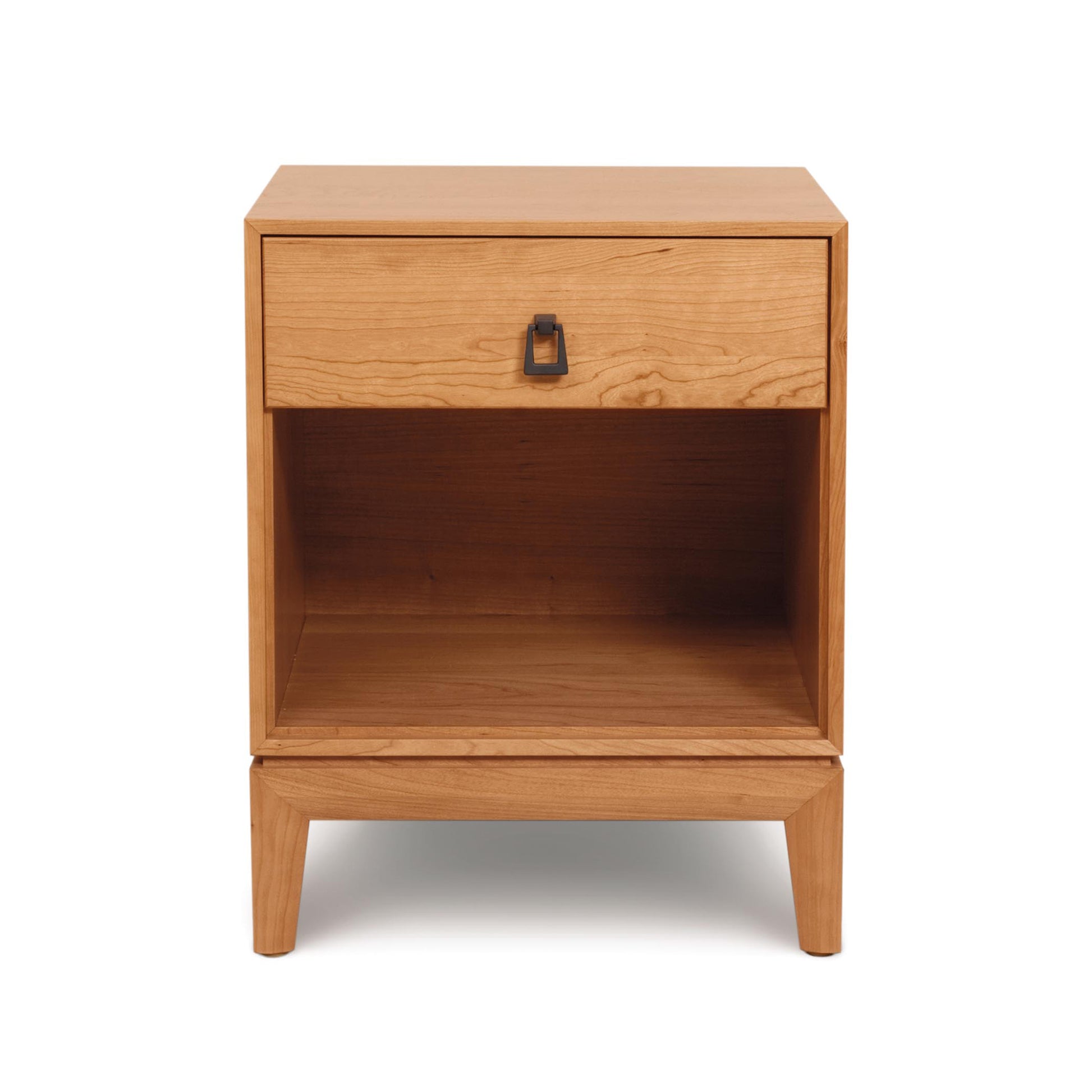 Copeland Furniture Mansfield Nightstand with organic wood, metal handle drawer, open shelf, and four sturdy legs.