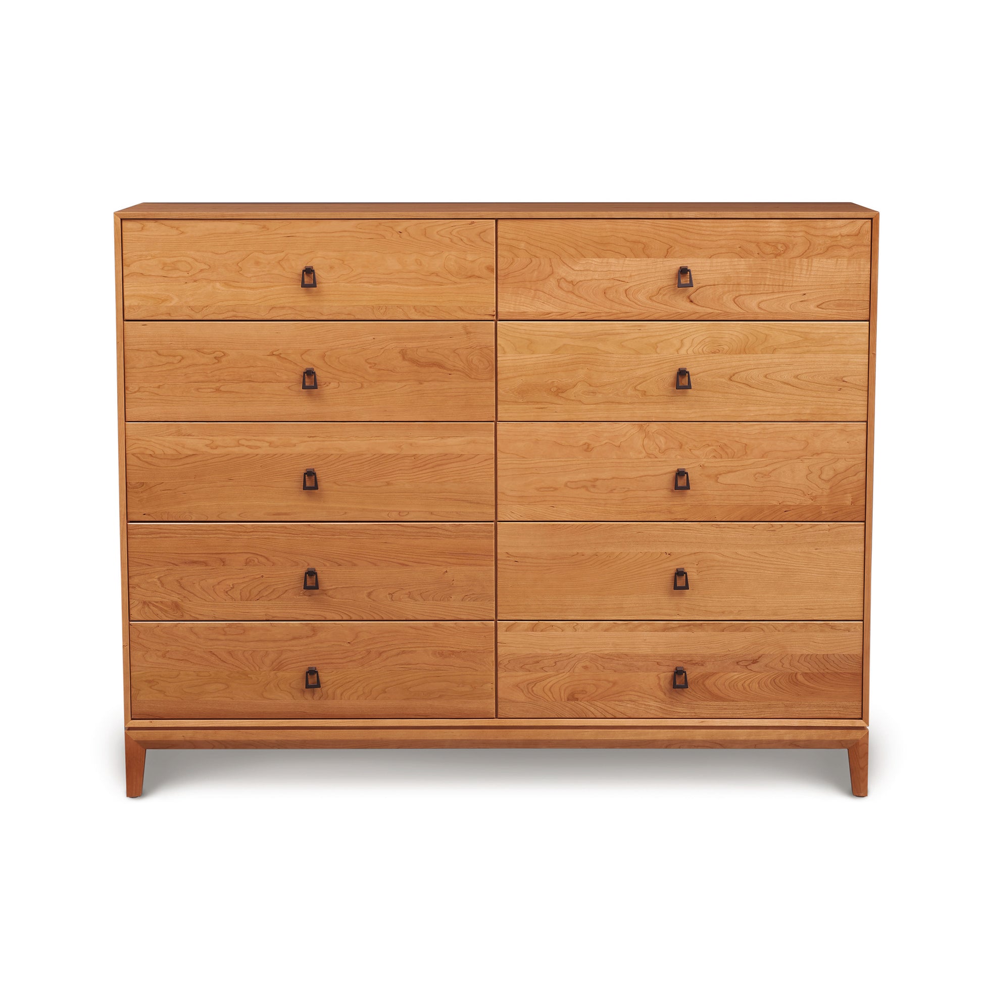 Copeland Mansfield Cherry 10-Drawer Dresser with sleek metal handles and four angled legs, crafted from American cherry hardwood.
