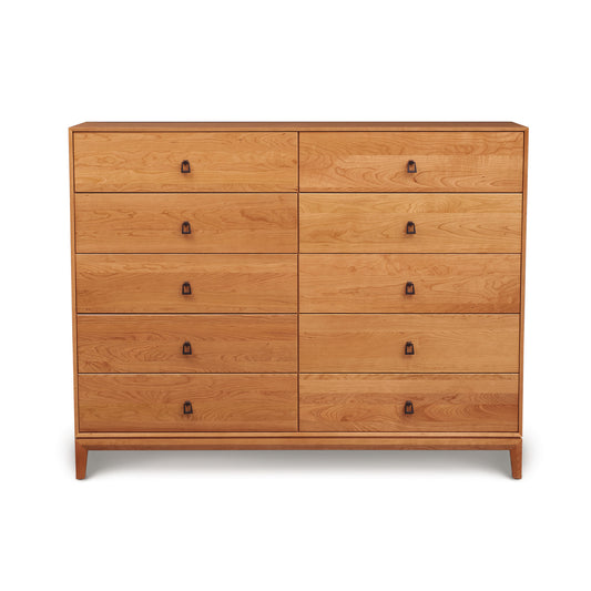 Copeland Mansfield Cherry 10-Drawer Dresser with sleek metal handles and four angled legs, crafted from American cherry hardwood.