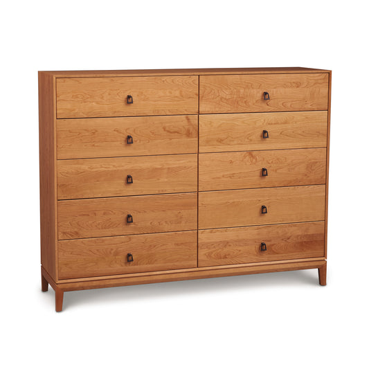 A large Mansfield Cherry 10-Drawer Dresser - Ready to Ship, crafted from solid wood, featuring square brass handles and a simple, sturdy frame by Copeland Furniture, isolated on a white background.