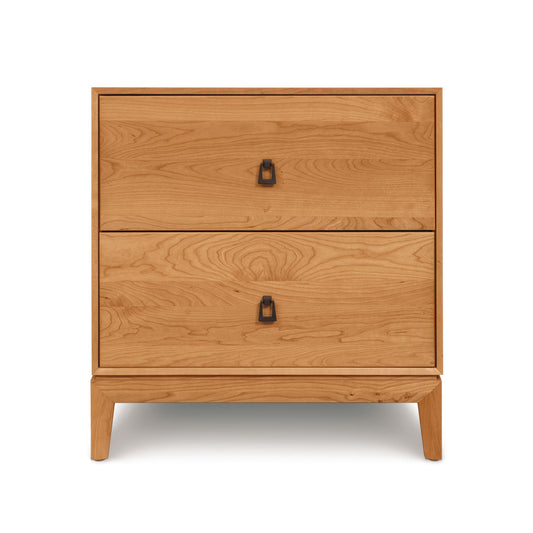 Copeland Furniture Mansfield 2-Drawer Nightstand with Arts & Crafts style, black handles, smooth finish, and short legs.