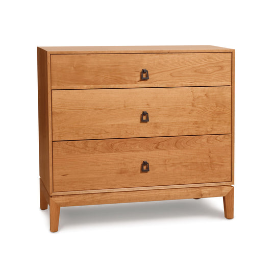 A Copeland Furniture Mansfield 3-Drawer Chest with metal handles isolated on a white background.