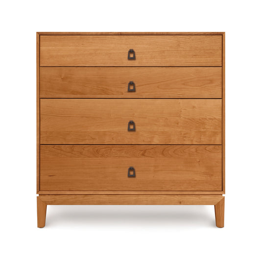 Mansfield 4-Drawer Chest by Copeland Furniture with light brown finish and dark metal handles, handmade in Vermont.