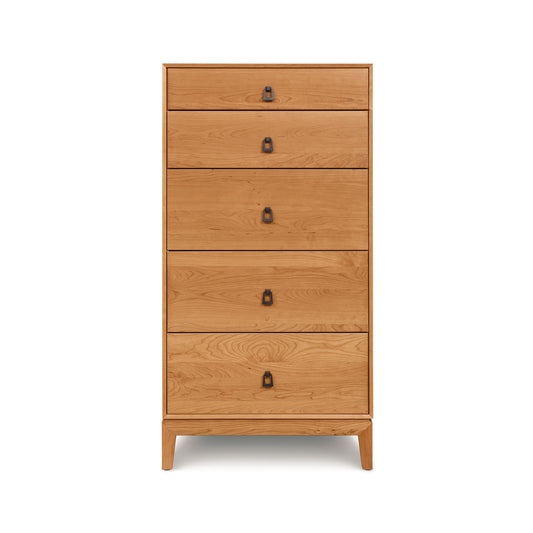 Mansfield 5-Drawer Narrow Chest by Copeland Furniture featuring elegant wood construction and black metal handles.