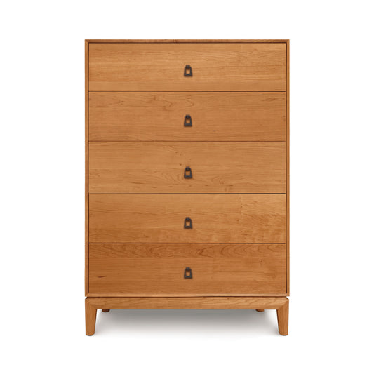 Mansfield 5-Drawer Wide Chest by Copeland Furniture in solid wood with horizontal handles and four short legs.