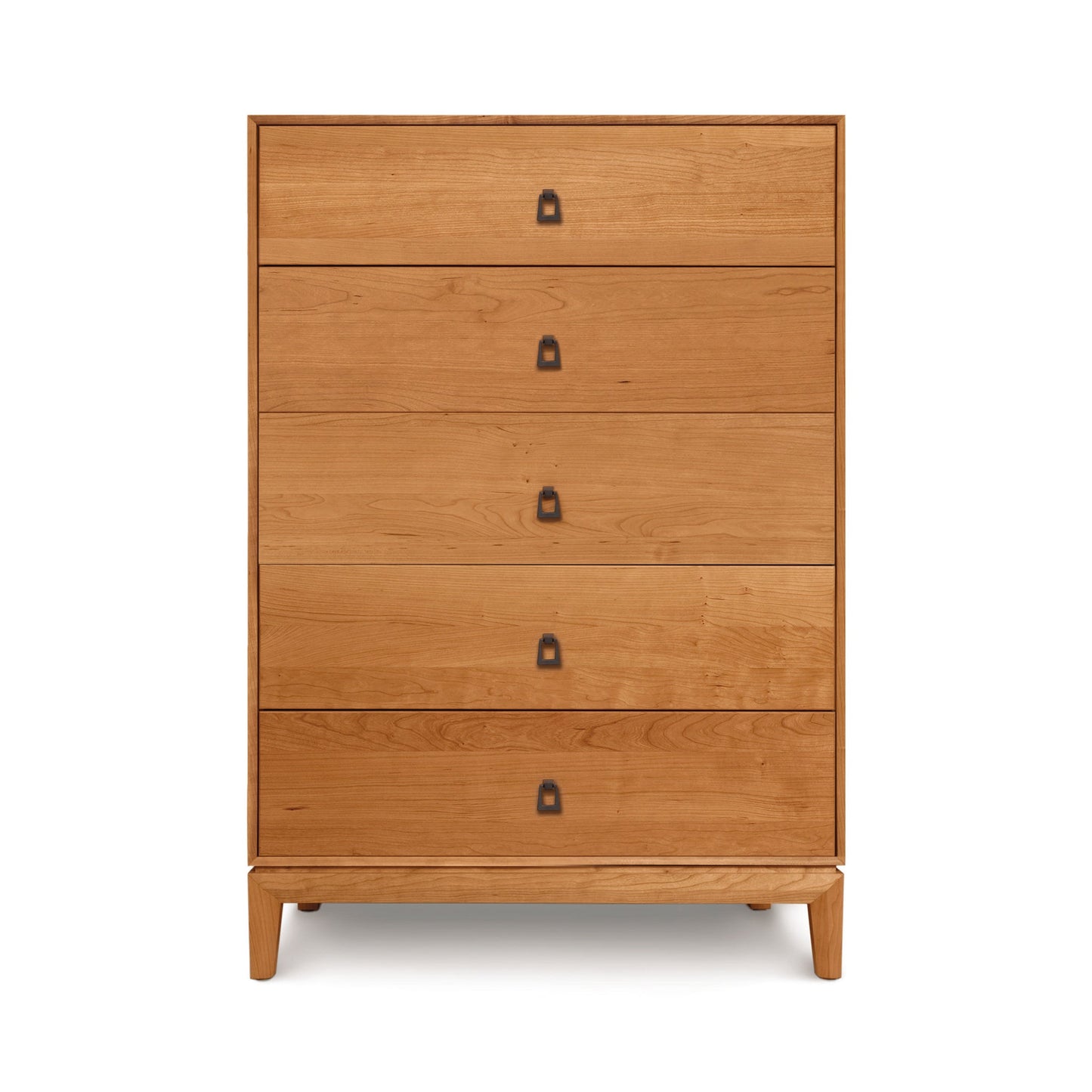 A wooden chest of drawers on a white background.