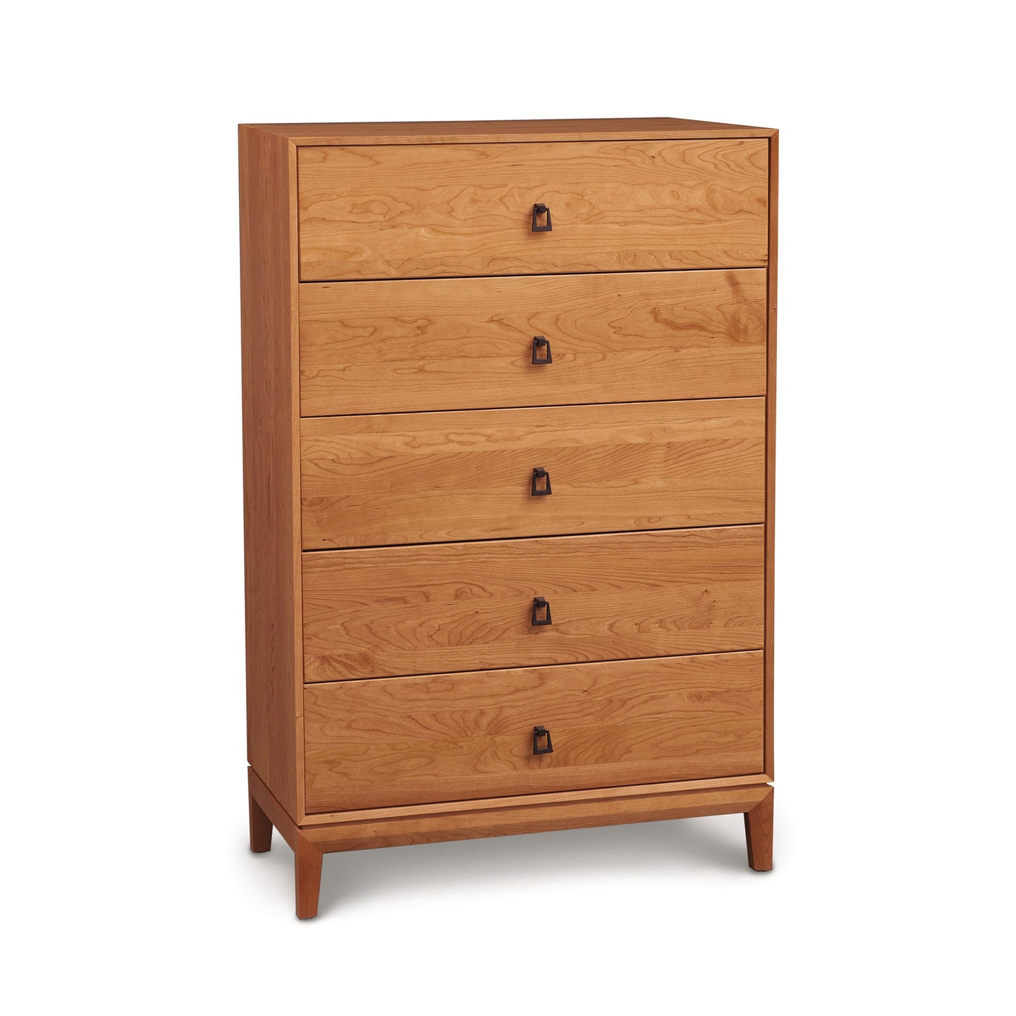 A wooden chest of drawers on a white background.