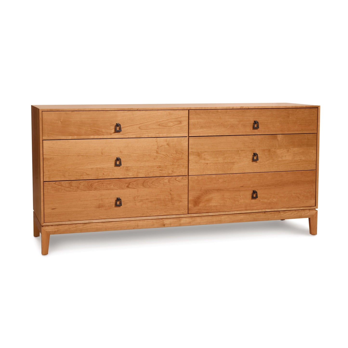 A wooden dresser with six drawers on a white background.