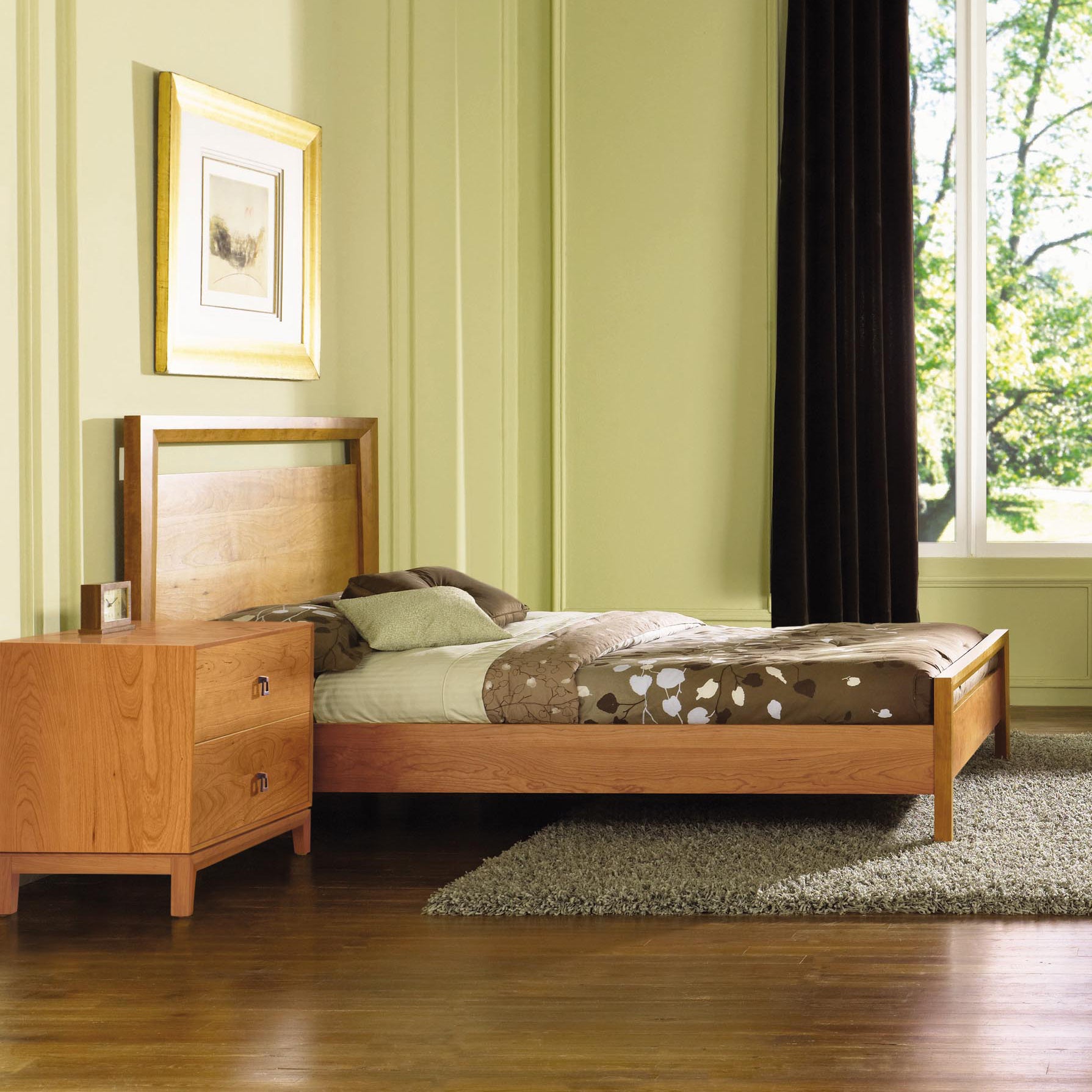 Copeland Furniture Mansfield Platform Bed with brown/white bedding and wooden nightstand.