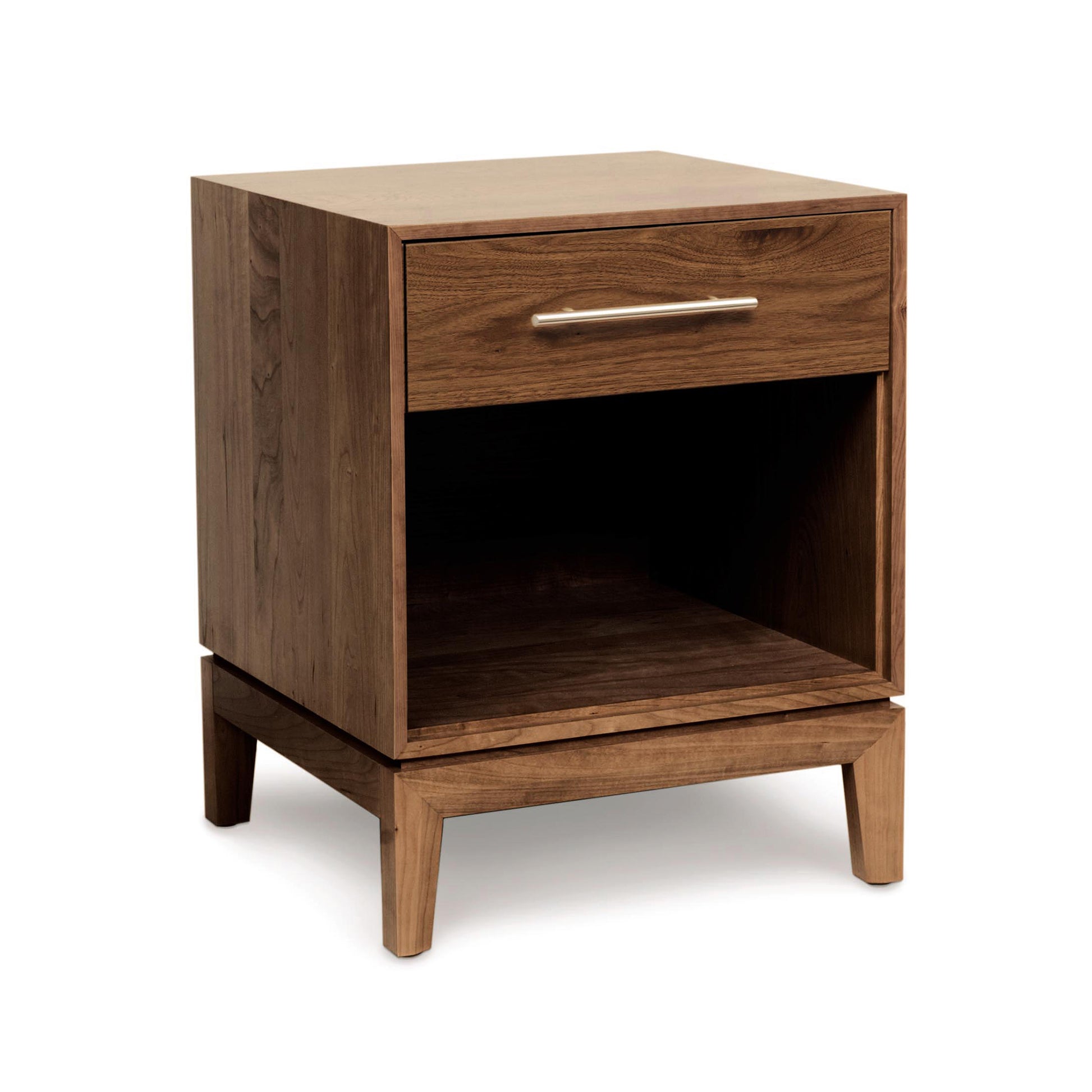 Mansfield nightstand by Copeland Furniture with tapered legs, metal handle, drawer, and open shelf.