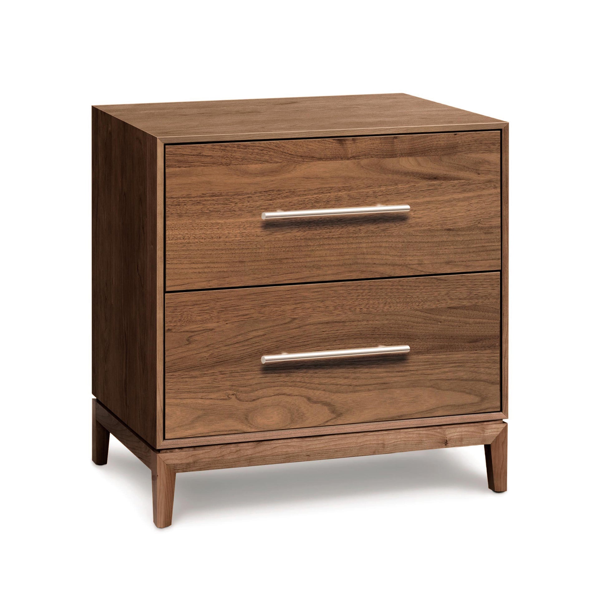 Copeland Furniture Mansfield 2-Drawer Nightstand showcasing sleek wood construction and elegant metal handles, blending modern simplicity with Arts & Crafts design.