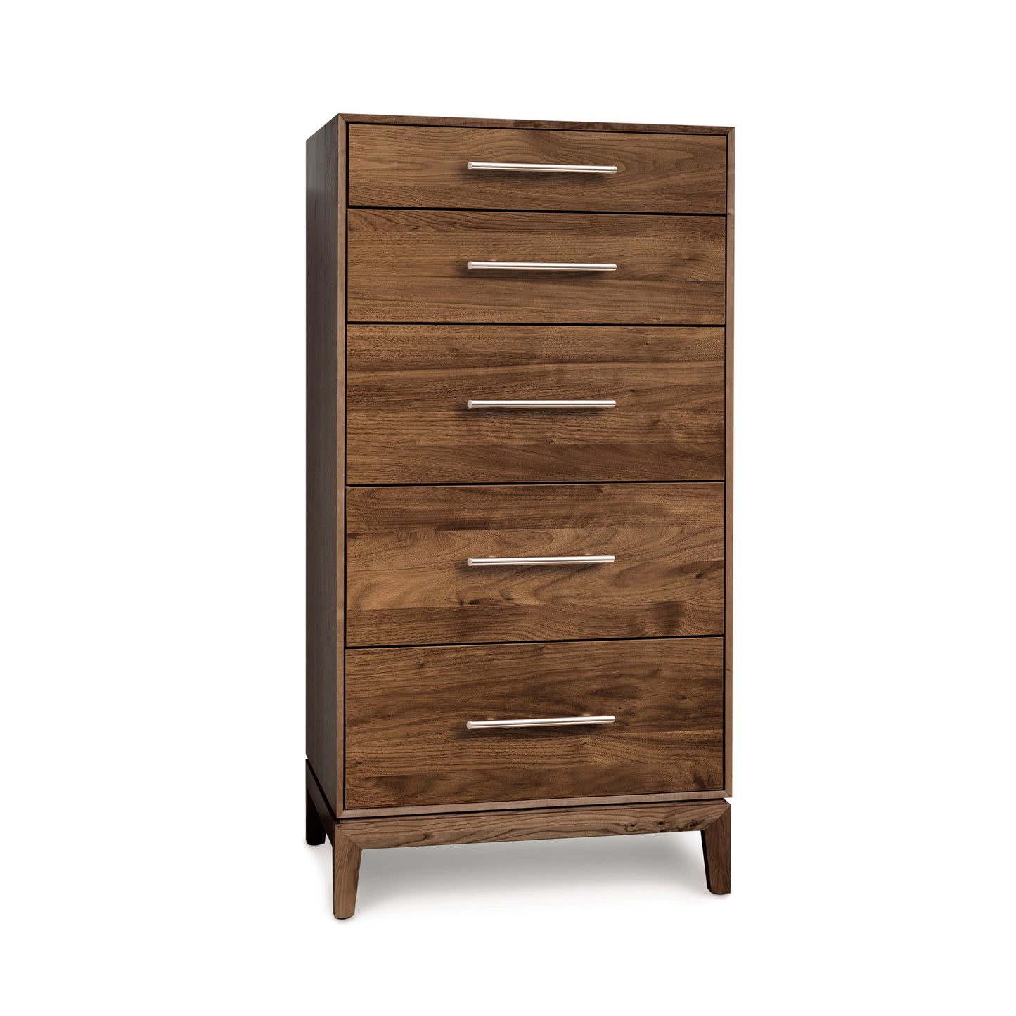 Mansfield 5-Drawer Narrow Chest by Copeland Furniture, crafted from sustainably-harvested wood with metal handles.