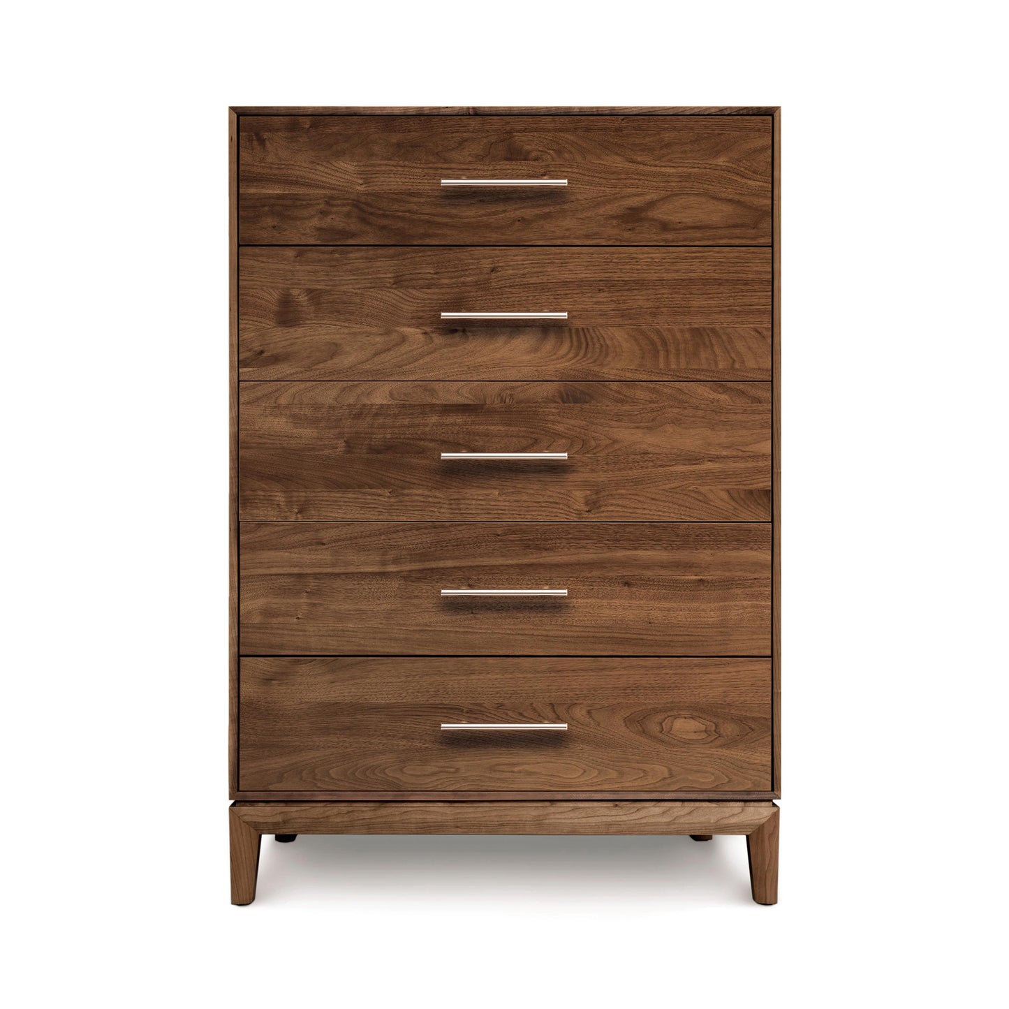 Mansfield 5-Drawer Wide Chest by Copeland Furniture in walnut with sleek metal handles, epitomizing modern style.