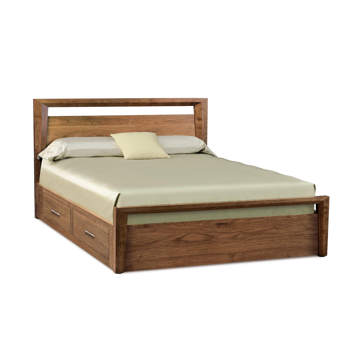 A wooden queen-sized Copeland Furniture Mansfield Walnut Storage Bed frame with a headboard and two storage drawers at the foot end, fitted with a pale bedsheet and a single pillow, featuring Arts & Crafts style solid