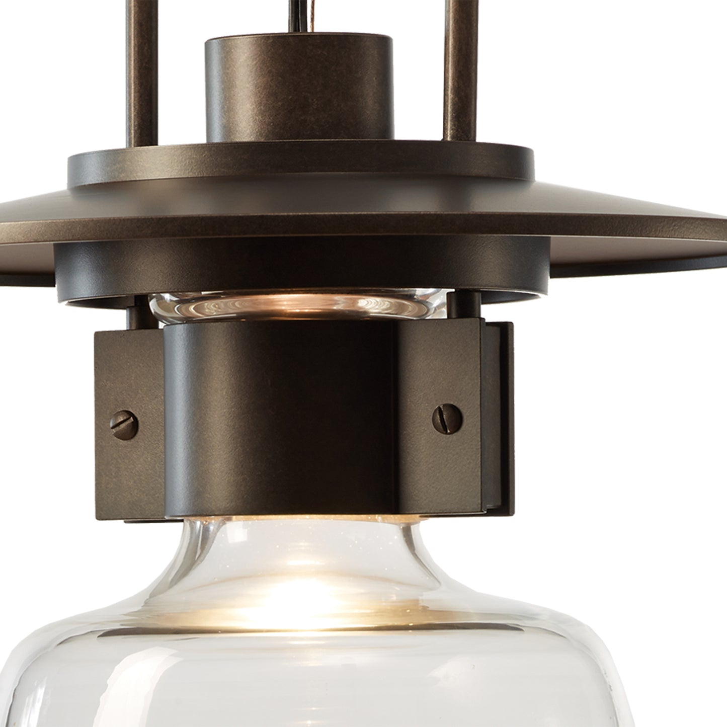 Mason Large Outdoor Ceiling Fixture by Hubbardton Forge, featuring hand-forged steel and a round clear glass shade with interior illumination.